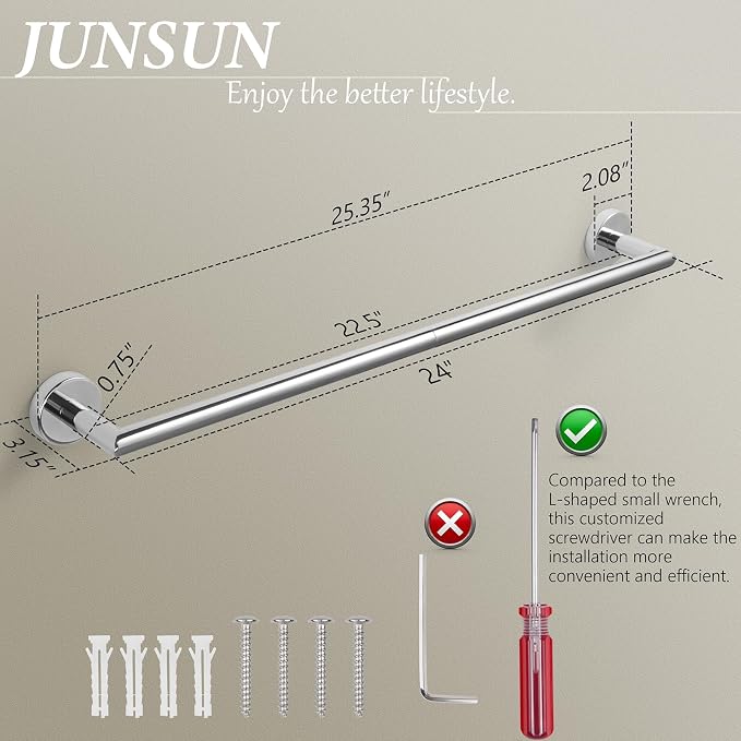 JunSun Polished Chrome Bath Towel Bar 24 Inch Bathroom Towel Rack Towel Holder Modern Home Decor Towel Rod Bathroom Hardware Chrome Towel Hanger Towel Rail Towel Shelf Single Towel Bars Wall Mounted