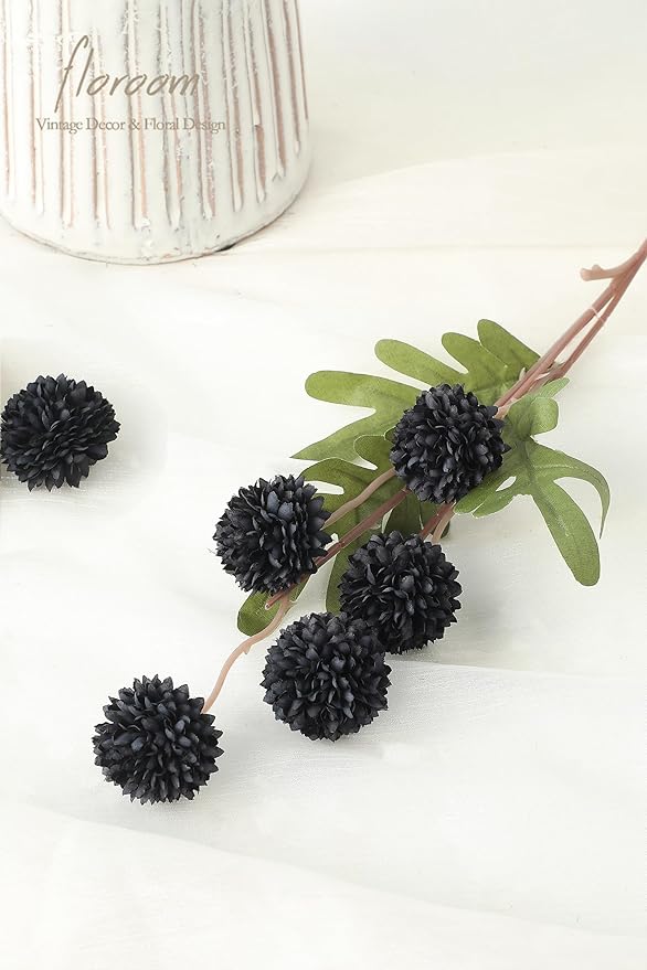 Floroom 5pcs Black Faux Silk Mums Artificial Flowers, Bulk Fake Small Mini Chrysanthemums with Stems for DIY Wedding Centerpieces Floral Arrangements Vase Fillers Home Decorations