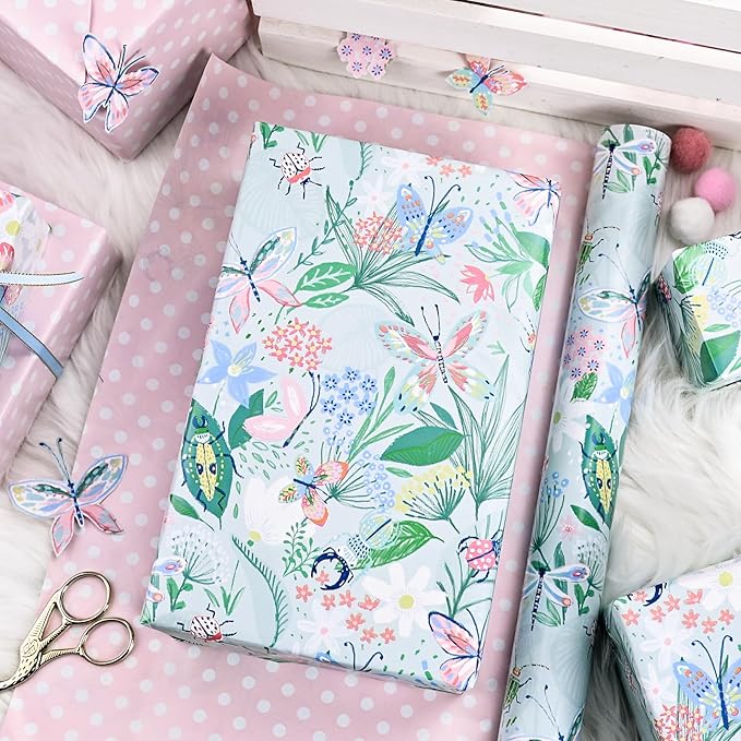 Burymento Reversible Butterfly and Floral Design Wrapping Paper Roll - Pink and white polka dot design on the other side, suitable for Valentine's Day, Birthday, Mother's Day, Wedding, Baby Shower