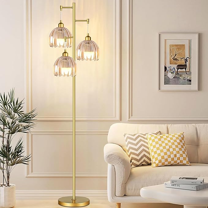 QIYIZM Gold Floor Lamp for Living Room,Bedroom,Tree 3 Light Standing Lamp Mid Century Modern Brass Tall Floor Lamps Vintage Retro Floor Lights Glass Flower Amber Lamp Shade Farmhouse Boho Bohemian