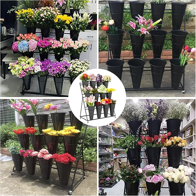 Flower Display Stand, 3 Layers Heavy Duty Moving Plant Cart Shelf With Wheels and Bucket, Wrought Iron Florist Shelf, for Patio Garden,Florist,Outdoor Flower Pop-Up Events (Black Shelf - Black Bucket)
