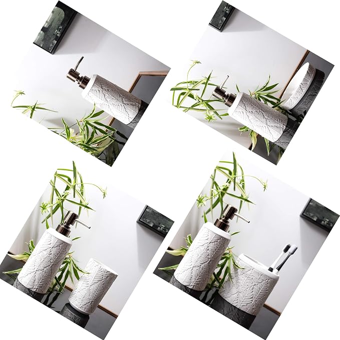 Hymmah Bathroom Accessories Set,Toothbrush Holder,Farmhouse Decor,4 Pcs Resin Gift Apartment Necessities, Contain Toothbrush Cup,Soap Dispenser & Dish,Tumbler