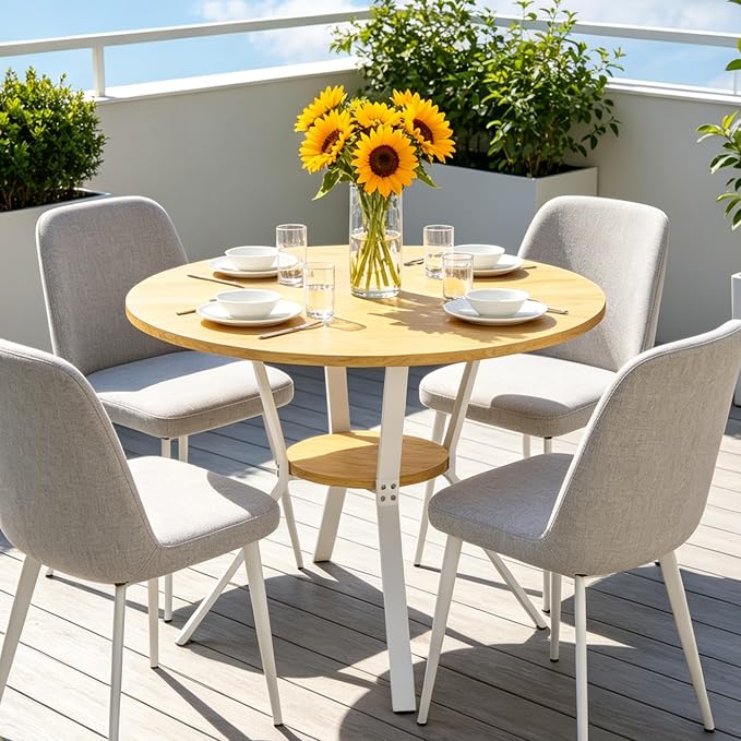 Wildhome Round Dining Table for 2-4, 43 Inch Dining Room Kitchen Table with 1-Tier Storage Shelf, Modern Farmhouse Dinner Furniture with Adjustable feet,Oval Circle(43in-Oak)