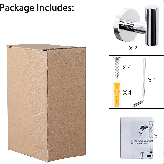 Towel Hooks for Bathroom 2 Packs Screw- in Chrome Finish Wall Mount Towel Holder Towel Rack, Heavy Duty Robe Coat Loofah Hooks for Shower, Kitchen,Hotel, Pool Tile, Brick Modern Style Decor Wall Hooks