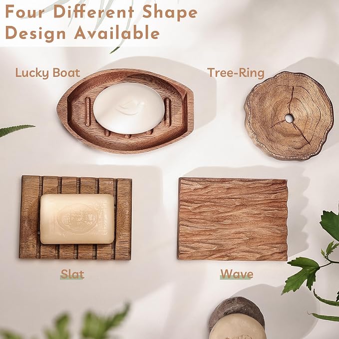 Acacia Wooden Soap Dish with Self Draining, Funny and Modern Multi Shape Design, Soap Holder for Sink Countertop, Shower & Bathroom Soap Tray。 (Slat-4.72"x3.47"x0.86")