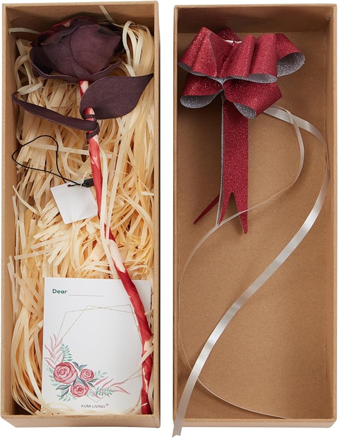 Handcrafted Genuine Leather Rose with Stem, Red, Gift Box Presentation, Lifelike Artisan Flower for 3rd Wedding Anniversary, Mother's Day (Dark Red)