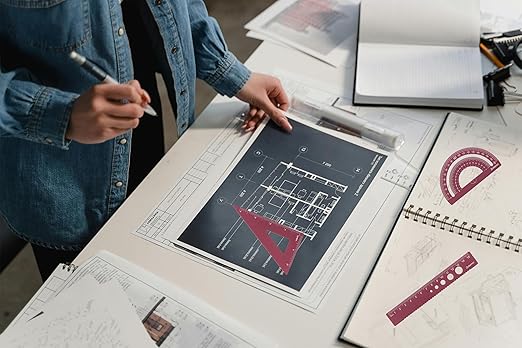 Zotemo Metal Geometry Set, 5-Piece Aluminum Ruler, Math Drafting Ruler Kit Includes Protractor, Triangle Rulers, Straight Rulers-Math Measurement Tools for School and Office Supplies (Plum Red)