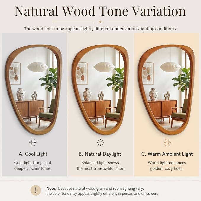 Solid Wood 36"x24" Modern Organic Asymmetrical Mirror, Warm Walnut Irregular Wooden Wall-Mounted Mirror, Sculptural Spa-Like Bathroom Vanity Mirror, Honey Walnut