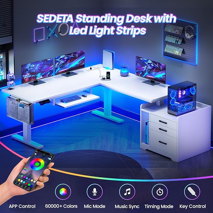 SEDETA L Shaped Electric Standing Desk with File Cabinet, 63 x 53'' Height Adjustable Home Office Computer Desk with Drawers, Power Outlet, Stand up Gaming Table with Led Lights, Keyboard Tray, White