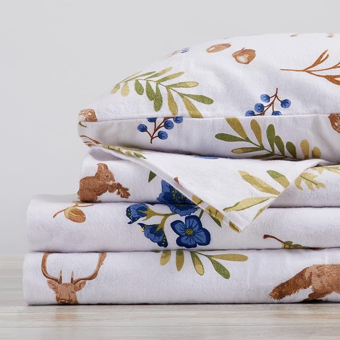 Market & Place 100% Cotton Twin Flannel Sheet Set | 3 Piece Deep Pocket Novelty Cozy Winter Bed Sheets | Double Brushed for Extra Softness & Comfort | Alpine Collection (Twin, Woodland Forest)