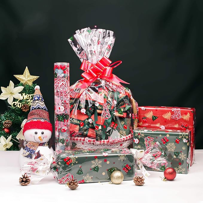 JOYIT 35 in x 50 ft Christmas Cellophane Wrap Roll - 3 Mil Thick Transparent Merry Christmas Cellophane Wrapping Paper, Colored Cellophane Wrap for Gift Flower Basket Decoration