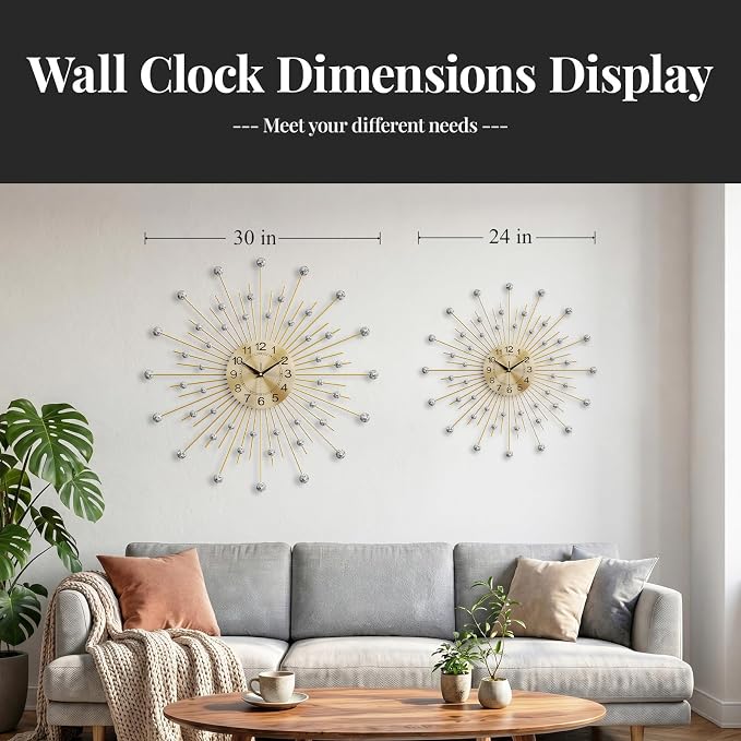 Cuspin Large Gold Wall Clock 30 Inch, Crystal Sunburst Mid Century Modern Clocks for Living Room Decor, Luxury Decorative Battery Operated Metal Clock Silent Non Ticking for Home Ddecor