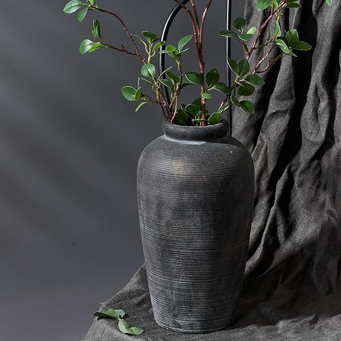 Large Ceramic Rustic Vase, 11 inch Minimalist Decorative Farmhouse Tall Vase for Home Decor, Living Room, Shelf Decor, Enterway, Wedding, Table Decoration, Bronze