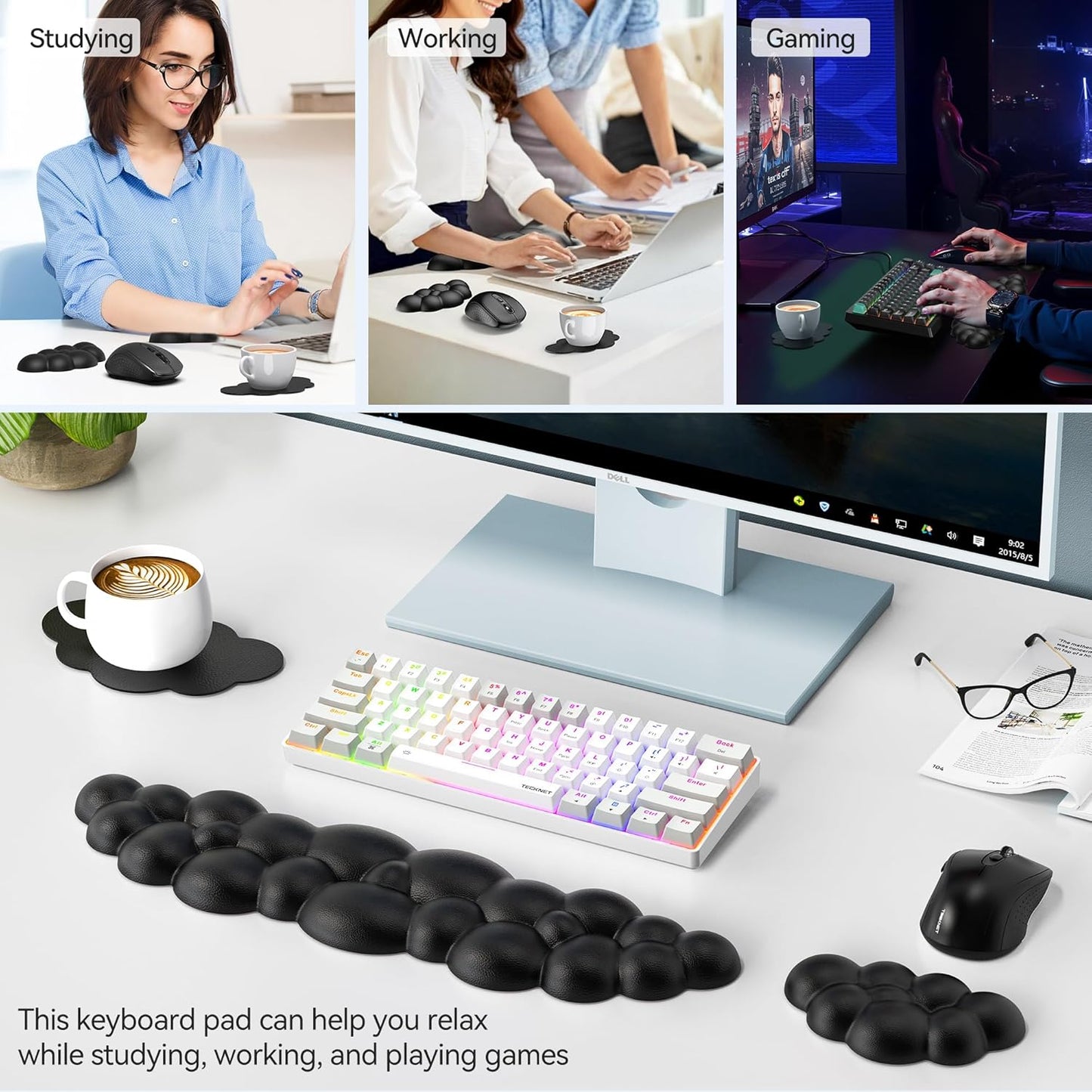 TECKNET Cloud Keyboard Wrist Rest Set - Ergonomic Memory Foam Pad with Non-Slip Base | Black