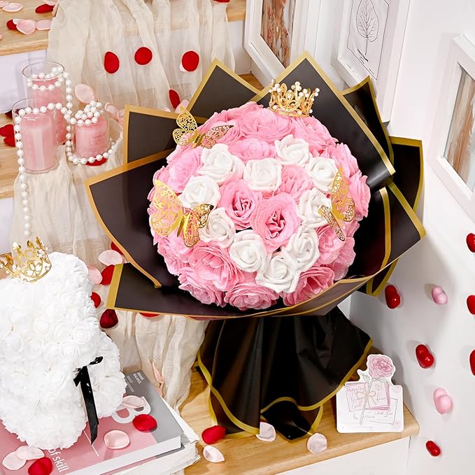 36+20 Glitter Roses Bouquet, DIY Fake Flowers Bouquet, Craft the Initials of Your Loves' Name with Artificial Rose Bouquet for Valentines, Anniversary, Wedding, Mothers Day Gifts, Pink & White