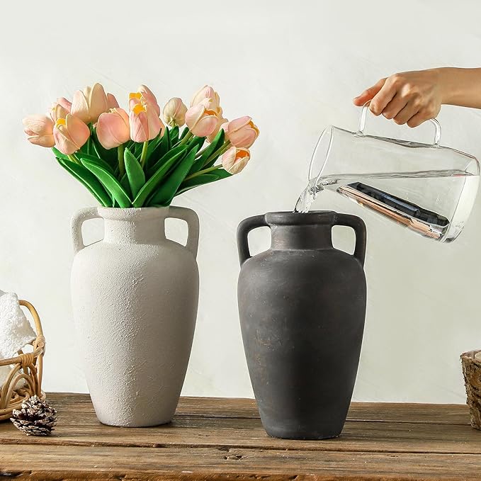 Rustic Ceramic Vase - 11.41 inch Tall Vase for Centerpieces, Boho Decor Decorative Vases with 2 Handles for Home Decor, Terracotta Vases for Farmhouse Living Room Shelf Table