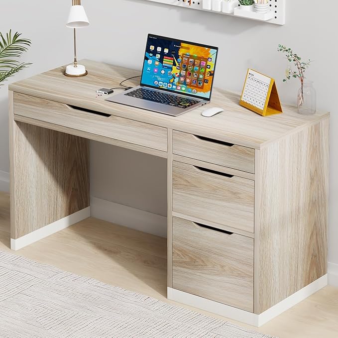 52 Inch Small Desk with Drawers, Walnut Desk with Storage, Computer Desk with Filing Cabinet,Study Desk for Kids, Bedroom