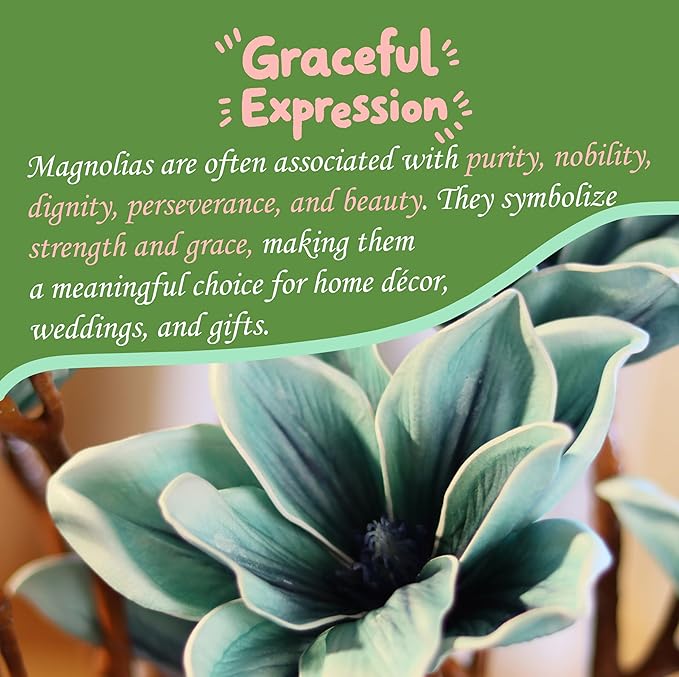 3pcs Artificial Magnolia Flower Branches, 31 Inch Long Stem Faux Floral, Premium Faux Bloom for Home Decor, Centerpieces, and Wedding Arrangements, Blue