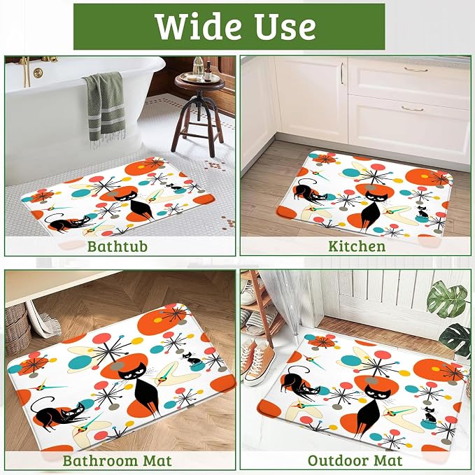 Mid Century Black Cat Bath Mat,Orange Teal Modern Atomic Geometric Bathroom Rug Shower Floor,Retro 50s 64s Vintage Bath Rug,Absorbent Doormat Bedroom Rug Kitchen Toilet