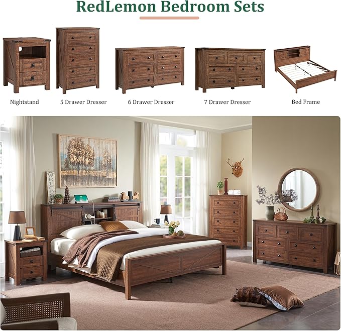 RedLemon Farmhouse 5 Drawer Dresser, 48" Tall Rustic Chest of Drawers, Wood Dresser for Bedroom, Living Room, Hallway, Reclaimed Barnwood Color