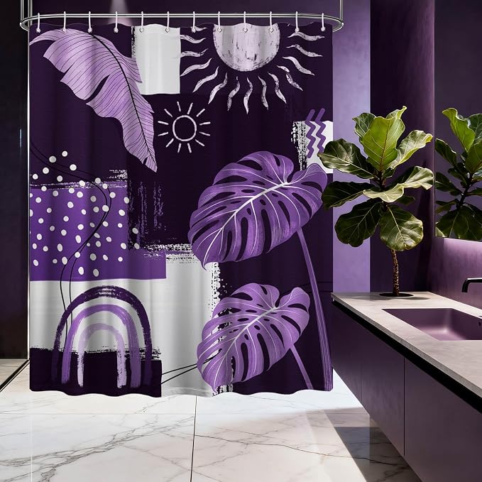 Small Stall Narrow Dark Purple Shower Curtain Lavender Stand Up Mid Century Modern Shower Curtains for Rv Camper Bathroom Decor Sets, Waterproof Cloth Fabric with Hooks, 48 x 72 Inch