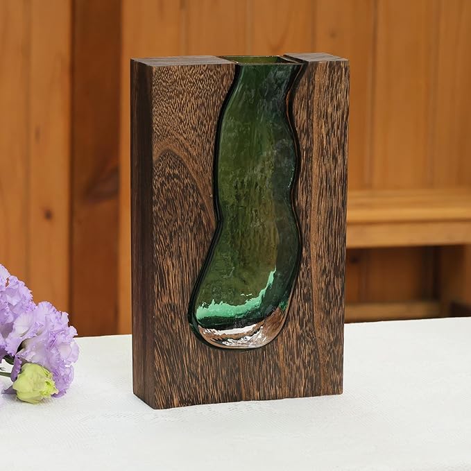 Wood and Glass Inlay Vases Farmhouse Wooden Glass Flower Vase Solid Wood Glass Vase Home Decor Vases for Centerpiece (9.45 Inches)