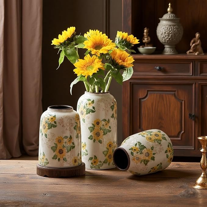 Vintage Pastoral Ceramic Vase, 10.6 inch Yellow and Beige Sunflower Floral Rustic Farmhouse Antique Retro Ice Cracked Chinoiserie Vases for Home Decor Living Room Tuscan Decor (Large)