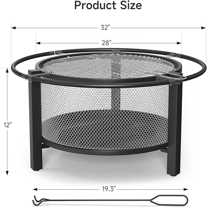 ONBRILL 2-in-1 32 Inch Fire Pit with Cooking Grill, Outdoor Wood Burning Firepit with Poker for BBQ, Bonfire, Picnic, Party, Round Metal Fire Pit for Outside, Backyard, Patio