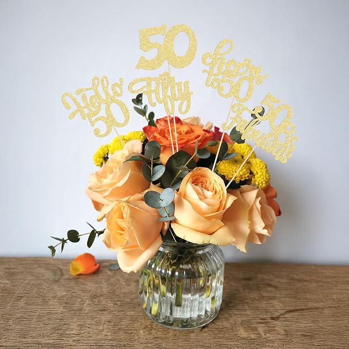 Gyufise 15Pcs 50th Birthday Centerpiece Sticks Fifty Happy 50th Table Flower Centerpieces Sticks Cheers to 50 Floral Decorations for 50th Birthday Party Centerpieces Supplies Gold