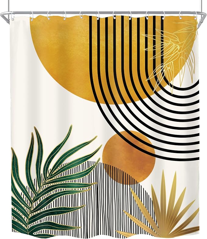 KOMLLEX Mid Century Boho Shower Curtain for Bathroom Decor Abstract Modern Sun Minimalist Aesthetic Arch Curve Leaves Geometric Yellow Gold Neutral Fabric Waterproof Polyester 12 Hook 60Wx72L