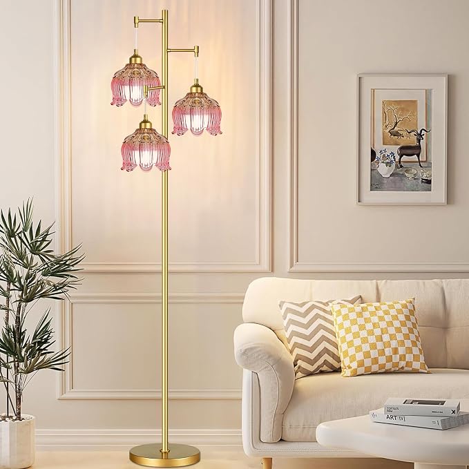 QIYIZM Pink Floor Lamp for Living Room,Bedroom,Gold Mid Century Modern Standing Lamp Brass Tree 3 Light Tall Floor Lamps Vintage Retro Floor Lights Glass Flower Lamp Shade Girls Kids Boho Bohemian