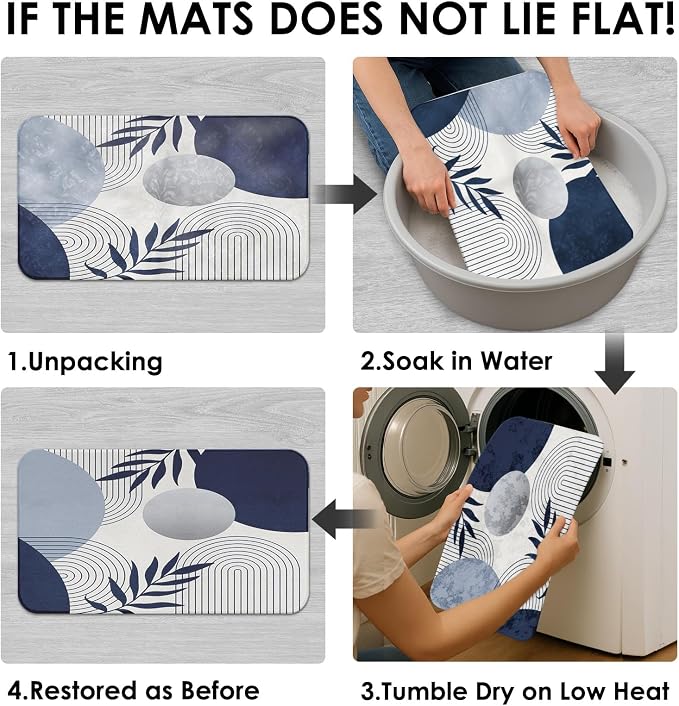 Boho Navy Blue and Grey Shower Curtain Set with Toilet Lid Cover and Non-Slip Rugs, Modern Minimalist Geometric Mid Century Abstract Leaf 4 Pcs Shower Curtain for Bathroom Set with 12 Hooks