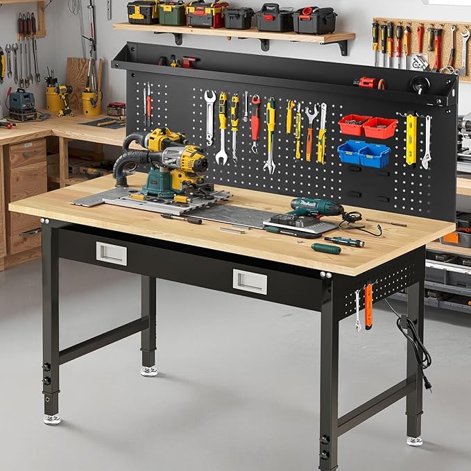 60" Adjustable Work Bench with Drawers, Workbench for Garage with Strip Light, Work Table with Large Pegboard, 2000 LBS Heavy Duty Table with Power Outlet Rubber Wood for Office, Workshop