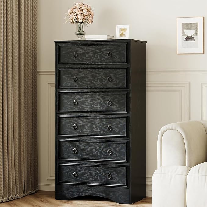6 Drawer Dresser Tall, 52" Tall Black Dresser for Bedroom, Chest of Drawers, Large Storage Organizer for Clothes, Grey Vintage, for Living Room, Bedroom, Hallway