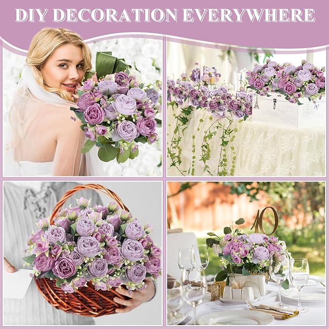 16 Bundles Artificial Peonies Silk Peonies Faux Flower Bouquet Fake Peony Flower Arrangements Table Centerpieces for Vase Wedding Party Boho Home Office Decoration Bulk (Purple)