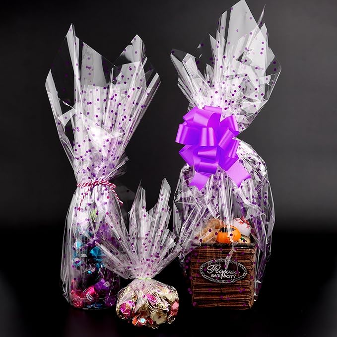 CMFYHM Clear Cellophane Wrap Roll with Violet Polka Dots | 34" x 100’ | 3 Mil Transparent Cellophane Roll,Cellophane Wrap for Lavender theme Baskets, Gifts, Treats,Crafts, Thanksgiving Day ,Halloween Wrapping