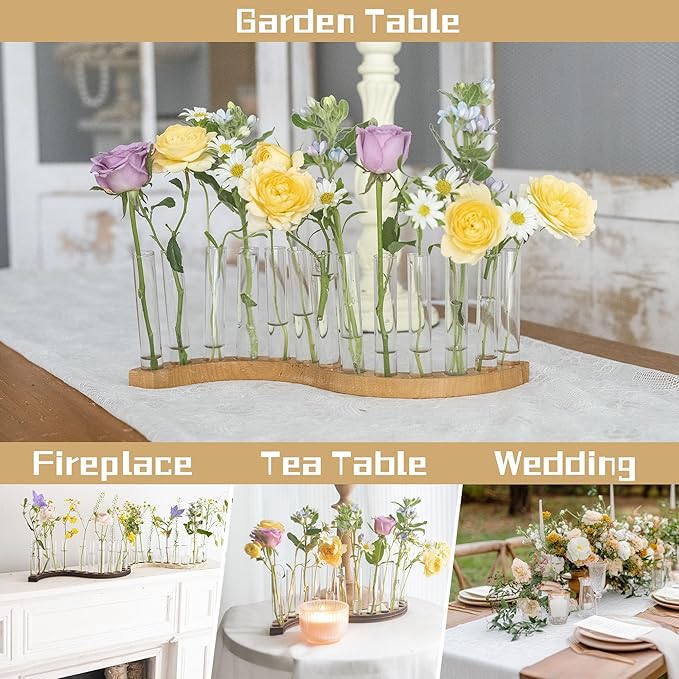 Test Tube Vases for Flowers,Small Plant Propagation Station,S Shape Plant Terrarium with Wooden Stand (Solid Beech)