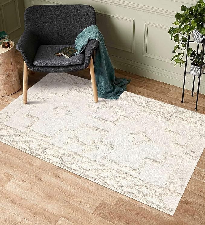 Uphome Boho Area Rug 3' x 5', Cream Washable Cotton Woven Entryway Rug with Tassels, Moroccan Tufted Bedroom Rug, Farmhouse Tribal Floor Carpet for Entry Office Porch Living Room Kitchen