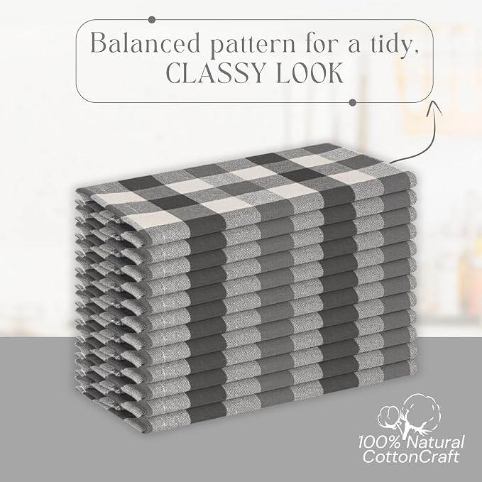 Checked Kitchen Towels 12 Pack, 18x26 Inches, Absorbent Dish Cloths, Reusable and Washable Tea Towels for Drying and Cleaning, Quick Dry Wash Rags - Light & Grey, Natural