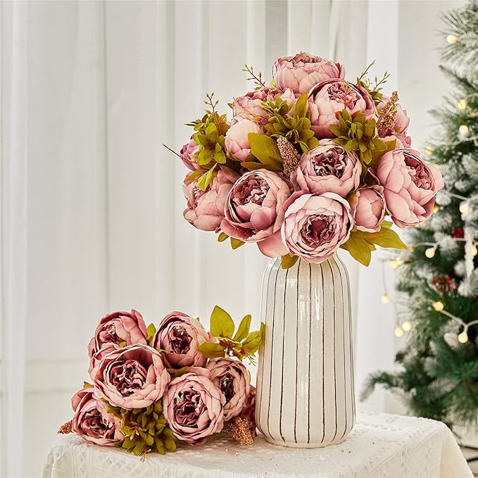 Fule 2 Pack Large Artificial Peony Silk Flower Bouquets Arrangement Wedding Centerpieces (Cameo Brown)