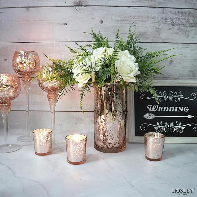 Hosley Set of 2 Mercury Rose Gold Glass Vases – Stylish Decorative Vessels for Boho Home Decor, Weddings, Events, Gifts, Table Centerpieces, and Creative DIY Craft Projects