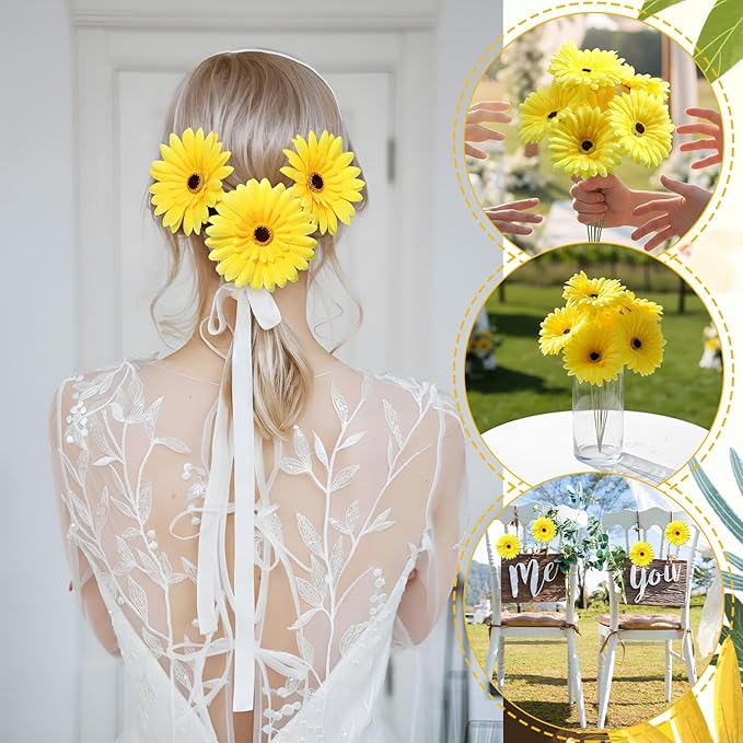 100 Pcs Flowers Long Stem Artificial Daisy, 4 Inches Silk Gerbera Head Flowers Fake for Wedding Bridal Bouquet Home Floral DIY Day of The Dead Tables Centerpieces Party Decoration (Yellow)