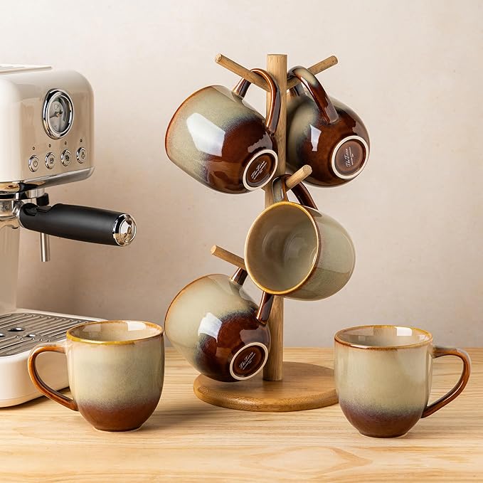 theterra Ceramic Coffee Mugs Set of 6, 12oz Handmade Coffee Cups with Handle for Latte, Tea, Milk, Beer, Hot Cocoa, Creamy Amber