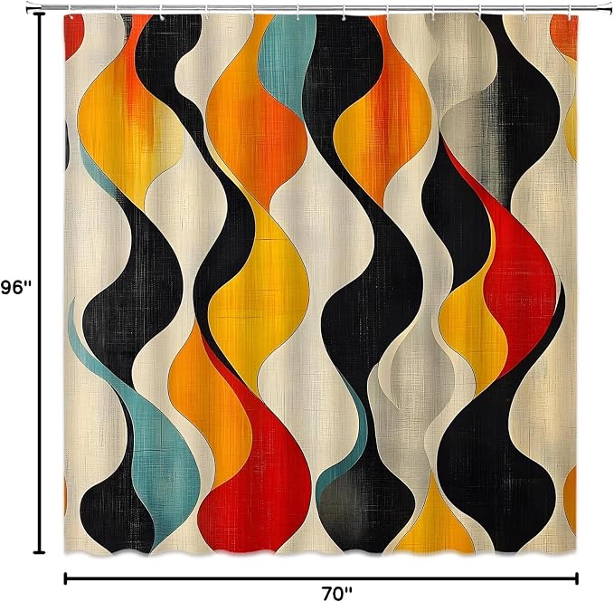 Mid Century Shower Curtain Boho Minimalist Modern Abstract Aesthetic Geometric Striped Atomic Retro Earthy Fabric Bathroom Decor Set with Hooks(70" Wx96 H)