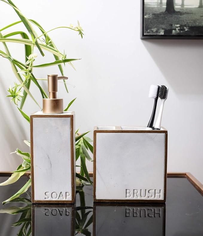 Hymmah Bathroom Accessories Set,Toothbrush Holder,Farmhouse Bathroom Decor,4 Pcs Resin Gift Set Apartment Necessities, Contain Toothbrush Cup,Soap Dispenser,Soap Dish,Tumbler