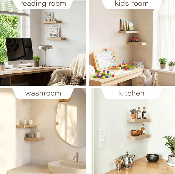 Oak Floating Shelves for Wall Set of 2, 11.8 Inch Small Wood Wall Shelves for Bathroom Over Toilet, Kitchen & Bedroom Storage, Wall Mounted Shelves for Spice Jars, Plants & Decor