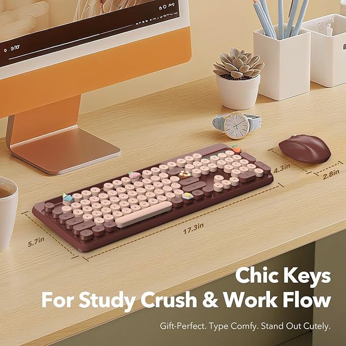 Wireless Keyboard and Mouse Combo, Retro Round Keycaps, Full-Size Cute Typewriter Keyboard with Large Phone/Tablet Holder, Auto-Sleep, 2.4GHz Cordless Connection for Windows/PC/Laptop (Wine Red)