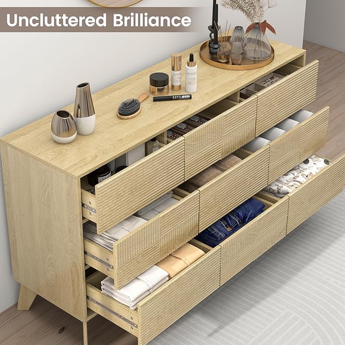 Hadulcet Wooden Dresser for Bedroom, Mid Century Modern 55” Long Fluted 9 Drawers Dresser Storage Clothes for Closet Organizer, Handleless Design, Push to Open, Natural Oak