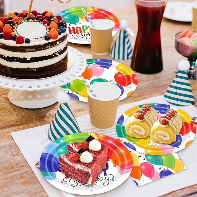 40Pcs Birthday Plates and Napkins Rainbow Balloons Plates and Napkins Set Party Supplies for Birthday Baby Shower Decorations Disposable Happy Birthday Paper Tableware Decorations