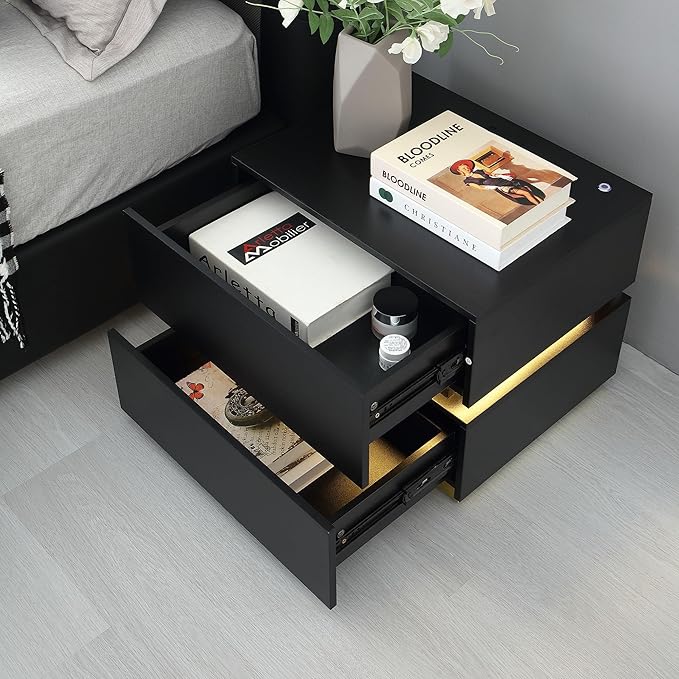 Black Nightstand, LED Fluted Night Stand with Charing Station, Small Nightstand 2 Drawers, Bedside Table with USB Ports, Modern End Side Table for Bedroom/Livingroom